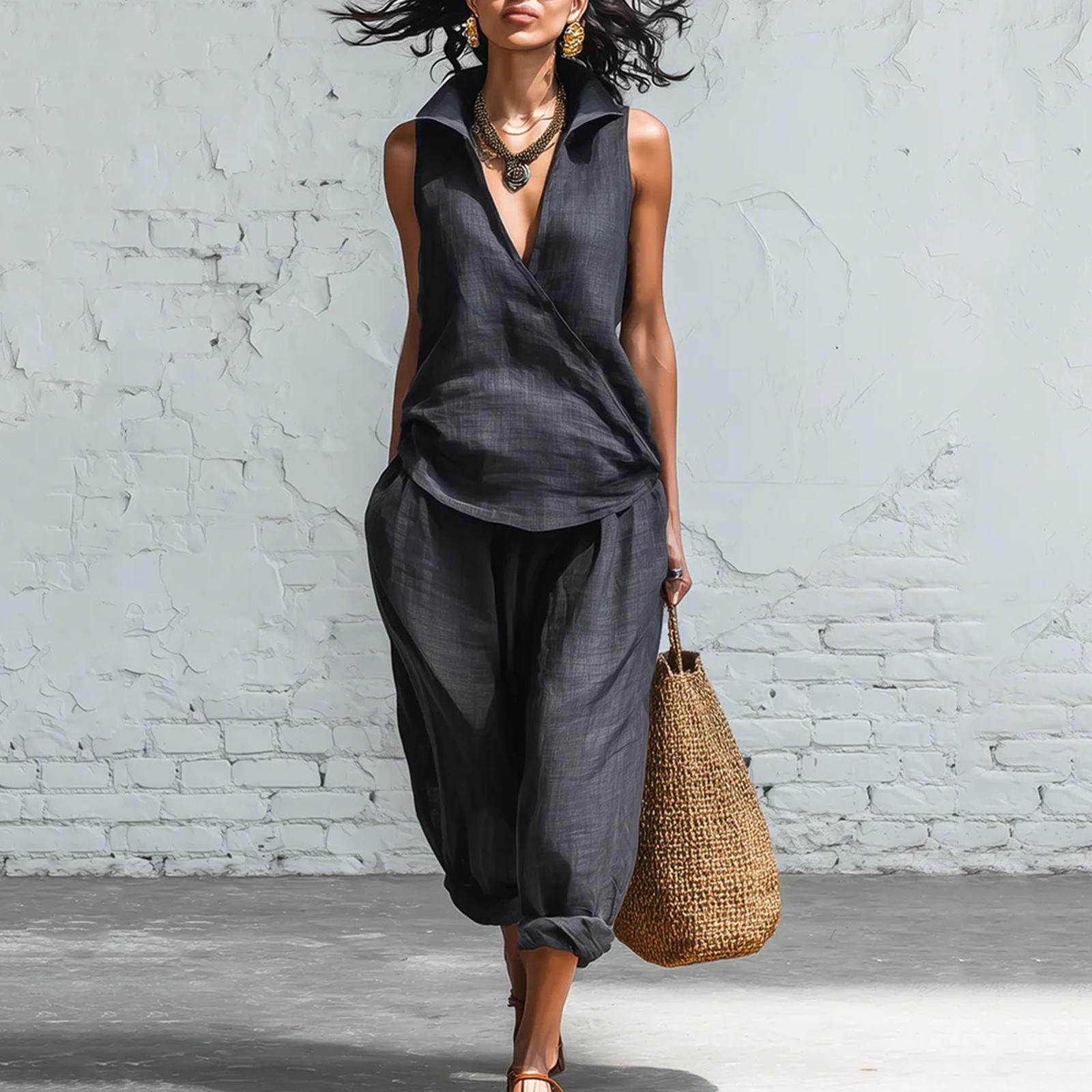 

Женский Модный Повседневный Комплект из Двух Предметов: Свободная Минималистичная Хлопково-Льняная Блузка без Рукавов и Брюки S чёрный