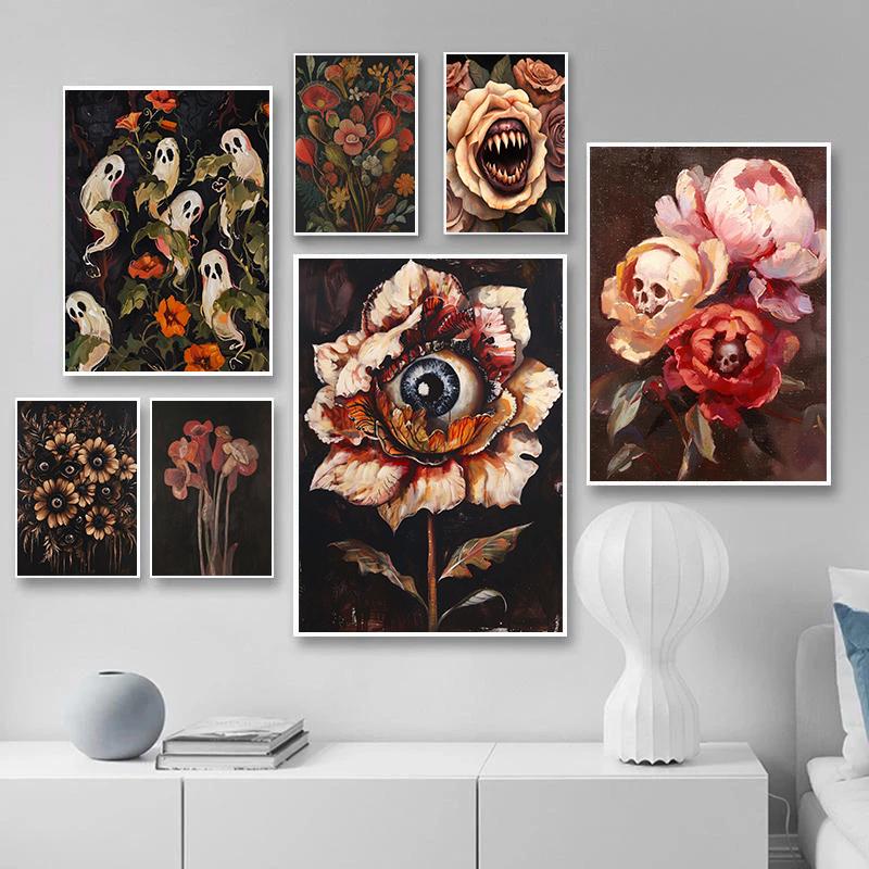 Surreal Skull Flower Gothic Posters Botanical Floral Eyeball Rose Vampire Prints Canvas Painting Wall Pictures Home Room Decor