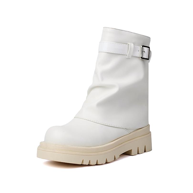 

Plus Size Anti Slip Rubber Sponge Cake Thick Bottom Ankle Metal Belt Buckle Side Zipper Short Boots Plush Inner Ankle Boots 34 білий