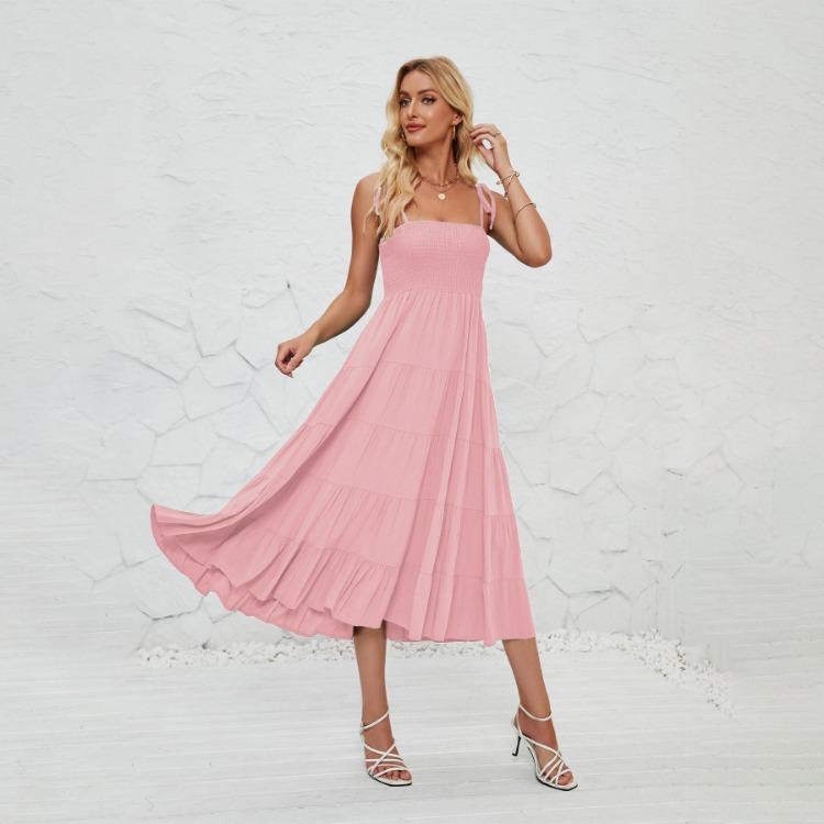 Halter Women Solid Color Summer Sleeveless Dress Knee Length Elegant Casual Pleated Square Neck