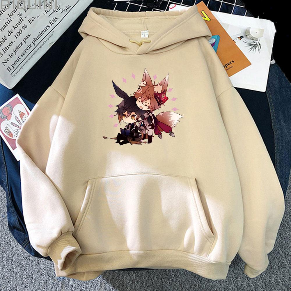 Genshin Impact Zhong Li Tartaglia Kawaii Hoodies Women Pullover Aesthetic Print Sweatshirts Oversized Pink Graphic Korean
