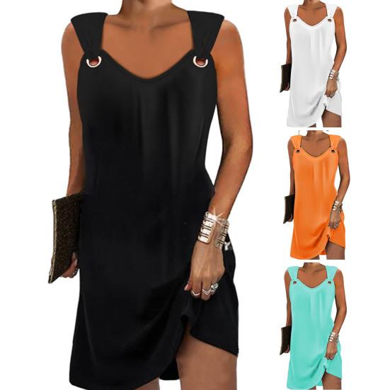 Letní Ženy Vesta s výstřihem do V Šaty bez rukávů Dutý prsten Jednobarevný Volný střih Tenké mini šaty Streetwear
