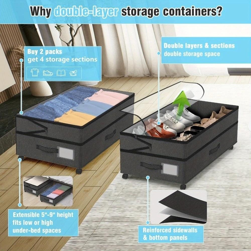 Stackable Under Bed Storage Box Adjustable Clear Lids Closet Organizer Dust-proof Large Capacity Underbed Drawer with Wheels