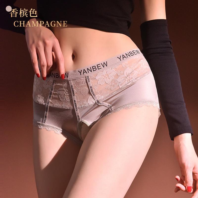 Satin Mid-Waist Tummy Control Silky Open Crotch Panties Plus Size Pure Desire Style See-Through Panties Letter Lace Shorts