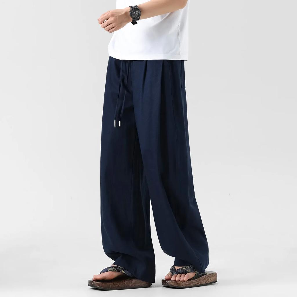 Summer Men's Drawstring Linen Pants Men Thin Straight Loose Long Trousers Male Casual Daily Wear Breathable Lightweight Pants