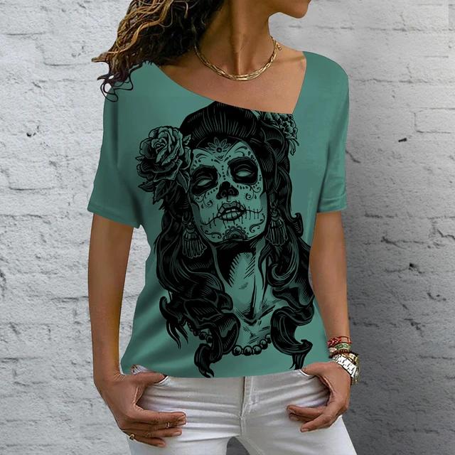 Summer V-neck 3D Skull Rose Print Top Fashionable Casual Short Sleeved Women's T-shirts