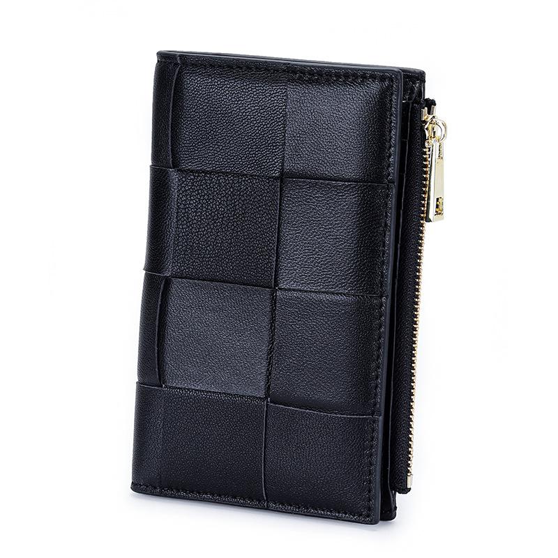 Genuine leather medium and short wallet women s new fashion sheepskin handmade large woven wallet multi-card zipper change wallet чёрный