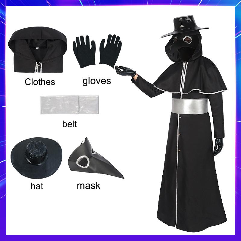 Robe Médiévale Costume Cosplay Médecin de la Peste Masque Bec d'Oiseau Corbeau Costume Moine Steampunk Prêtre Magicien Cape Fête d'Halloween 2XL&Halloween Costume