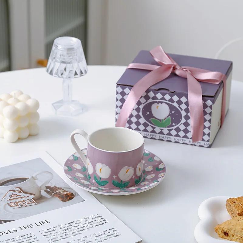 Tulip Ceramic Coffee Cup Tea Juice Breakfast Mug Flower Shaped Afternoon Milk Cup with Saucer Drinking Water Cups.for Home Party