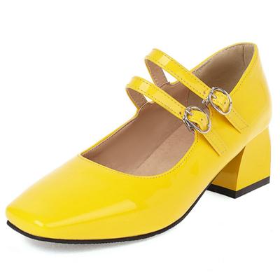 Fashion Patent Elegant Low Heels Pumps Women Mary Janes Shoes Large Size 45 Fashion Black Yellow Women's Heels Office Party Wedding Shoe