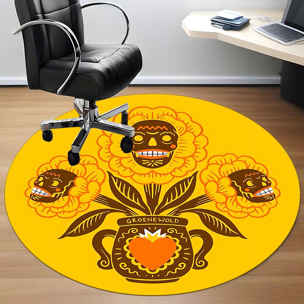 1pc Floral Skulls Office Round Area Rug, Mat Suitable For Office, Under Office Chairs Bedroom Living Room Home Decor, Room Deco
