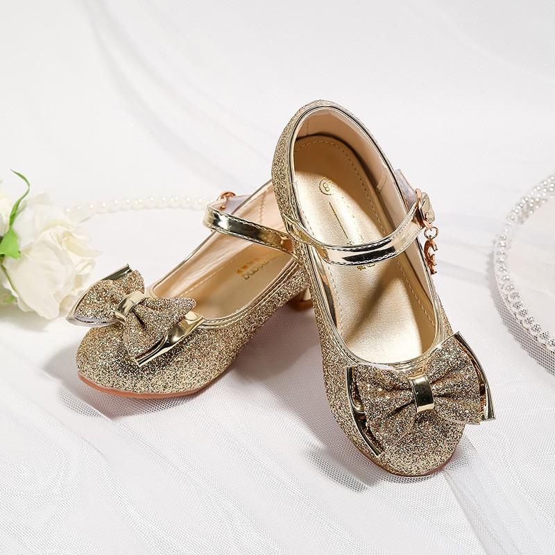 Girls Glitter Bow High Heel Princess Shoes Kids Party Crystal Performance Dress