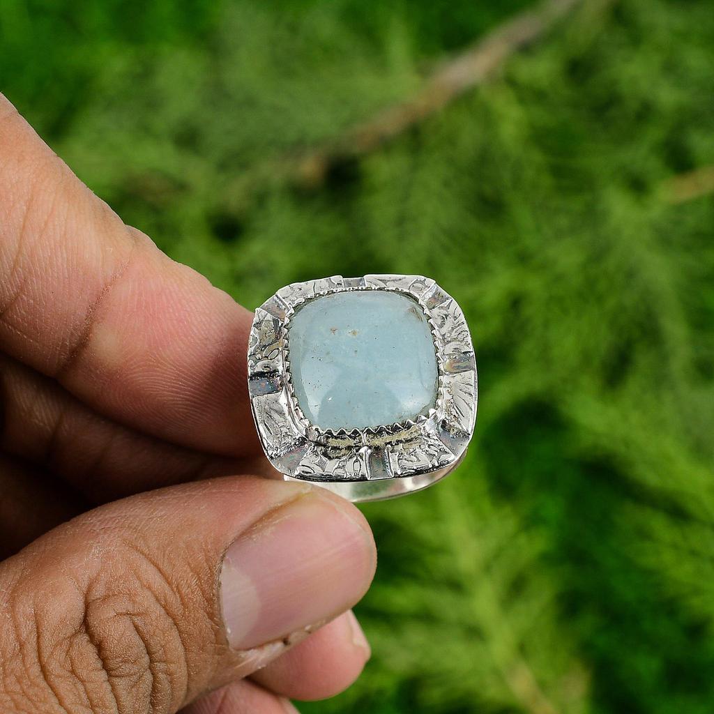 925 Sterling Silver Radiant Natural Aquamarine Handmade Solitaire March New Ring