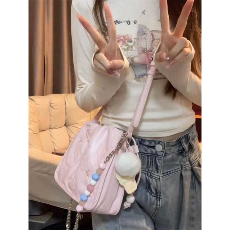 Niszowy Design Torba Wiaderko z Koralikami Cukierkowymi Moda Uroczy Kreskówkowy Różowy Słodka Dziewczyna Torba Crossbody