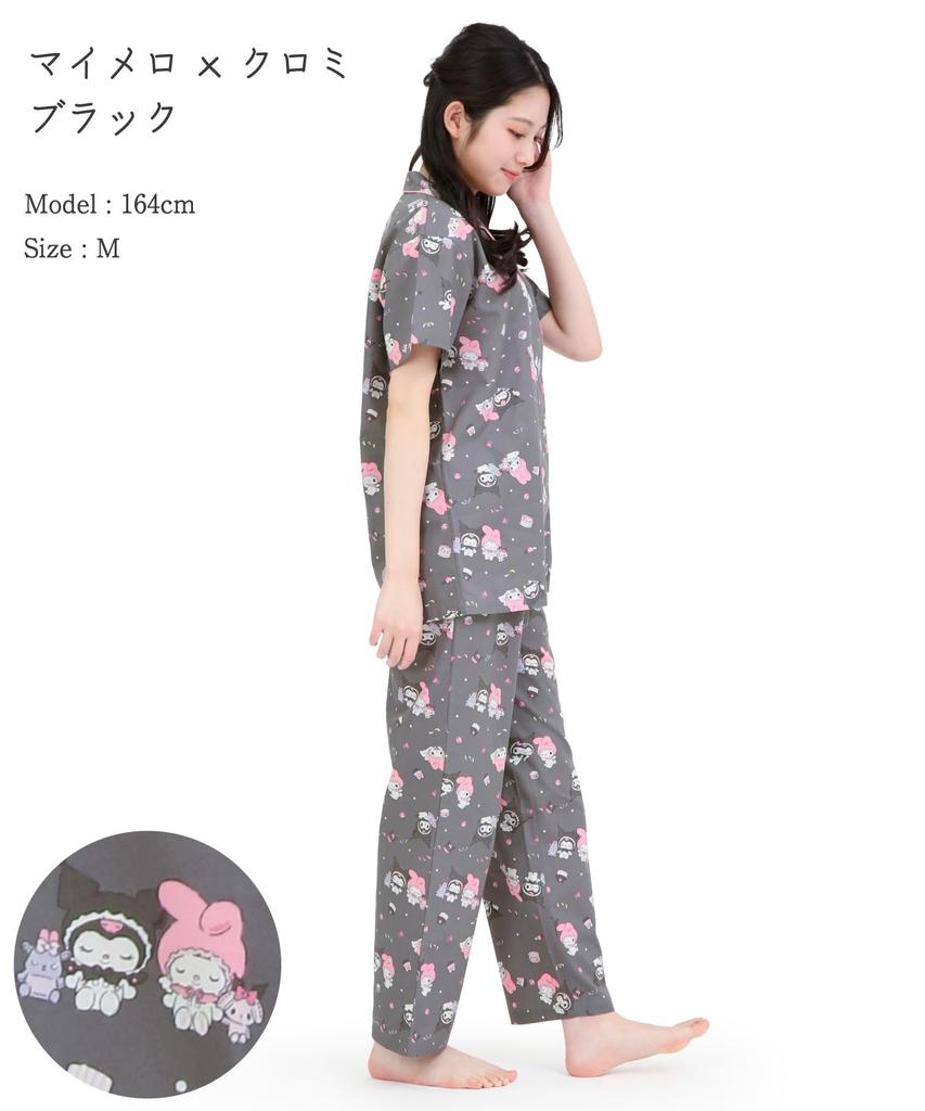 SAZAC Angel My Melody X Kuromi Shirt Cotton Short Sleeve and Long Pants Loungewear Pajamas, 100% Broadcloth, Women's Set, (Black/M/SAN1947)