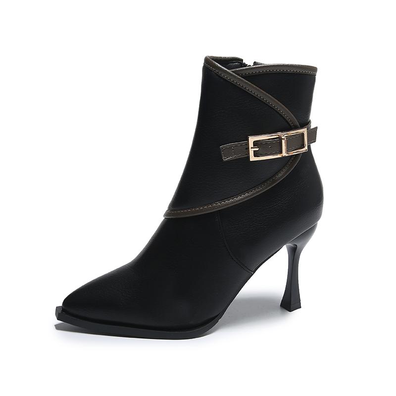 New Fashionable Spring And Autumn Women's Ankle Boots Pointed Side Zipper Pin Buckle High Heels Shoes Women's Short Boots