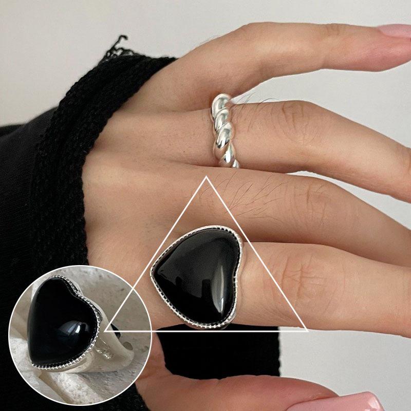 Anel Aberto Oval Preto Banhado a Prata S925 - Moda Hip Hop Punk Feminina, Acessório Empilhável para Dedo Indicador
