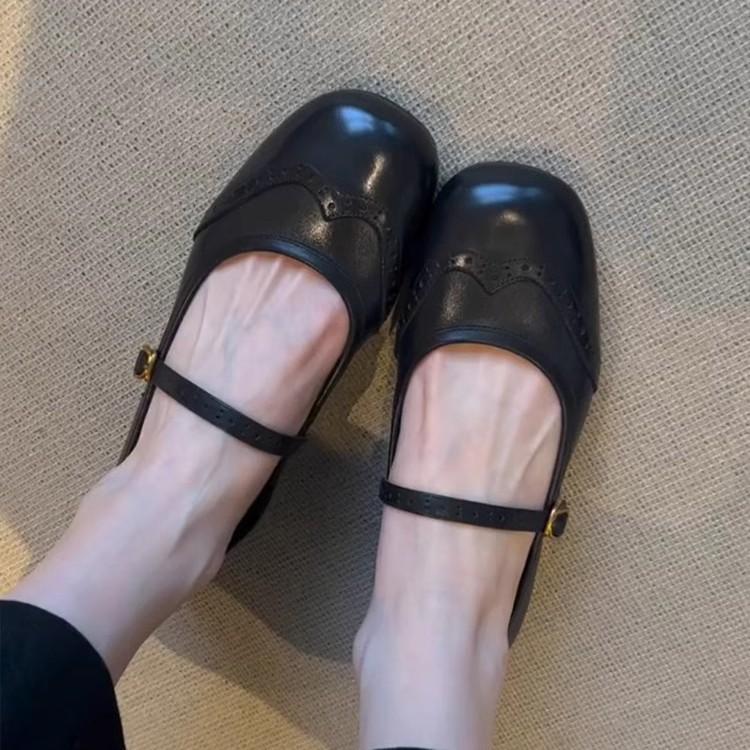 Sheepskin Version~ Genuine Leather French Retro Brock Engraved Mary Jane Small Leather Shoes Women's Versatile Flat-bottomed Shallow Mouth Single Sho