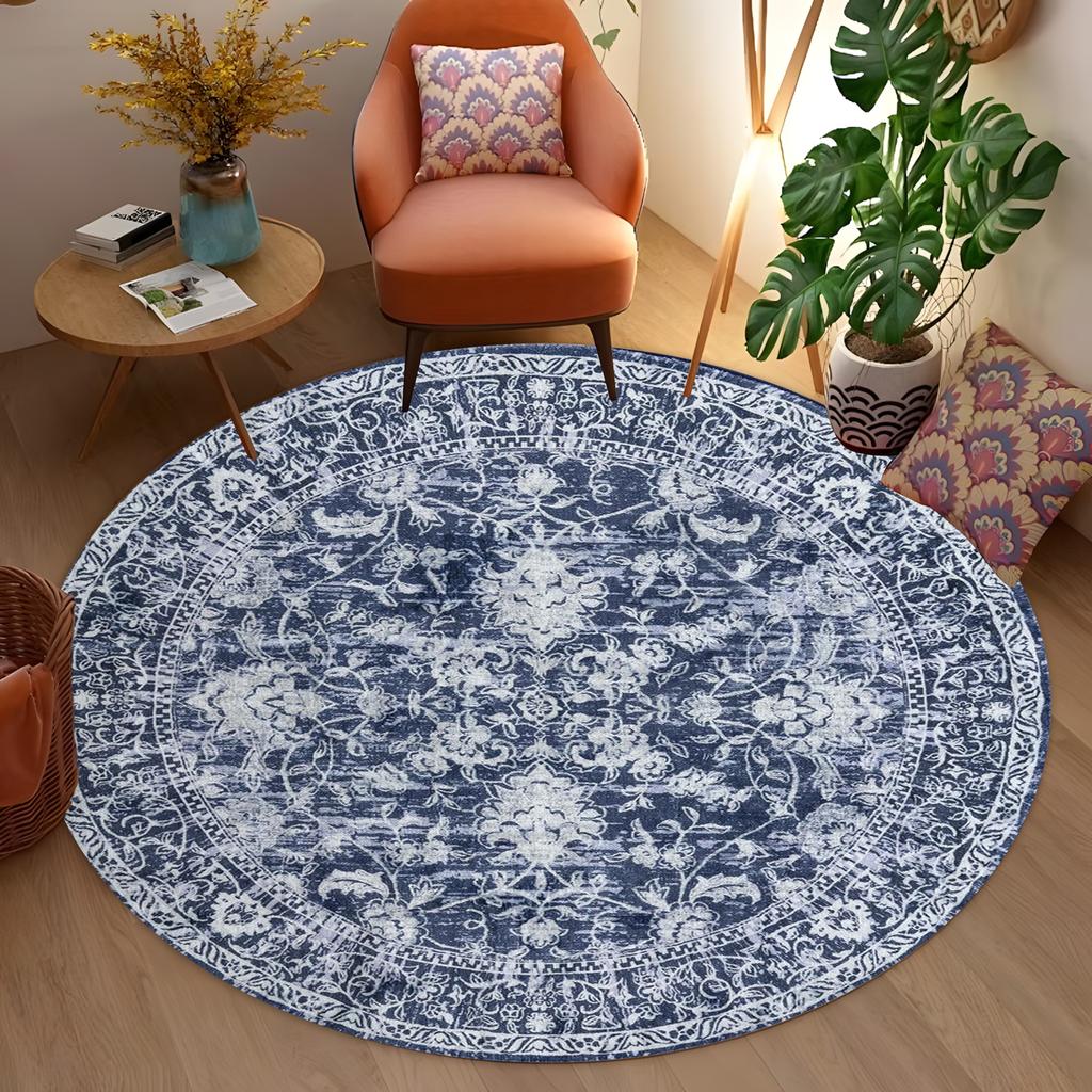 Round Navy Blue Floral Carpet White Symmetrical Motifs with Botanical Details,Elegant Vintage Rug for Living Room,Classic Decor