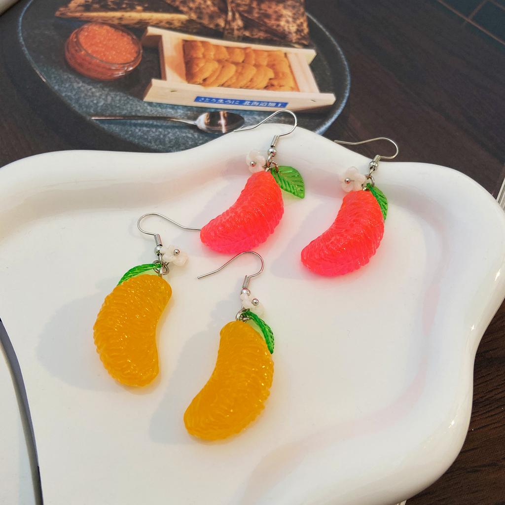 2026 Internet Celebrity Green Leaf Orange Red Pomelo Earrings Handmade Fun Orange Earrings Simulated Food Summer Fruit Earrings
