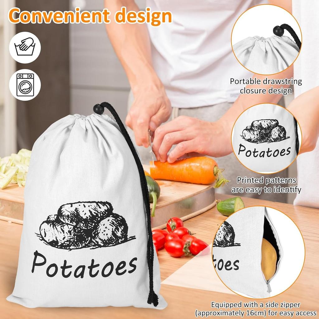 2 Pack Potato Onion Garlic Storage Bag 35x26cm Fabric Potatoes Onion Garlic Bag with Drawstring Closure, Washable Eco Friendly Cotton Food Storage