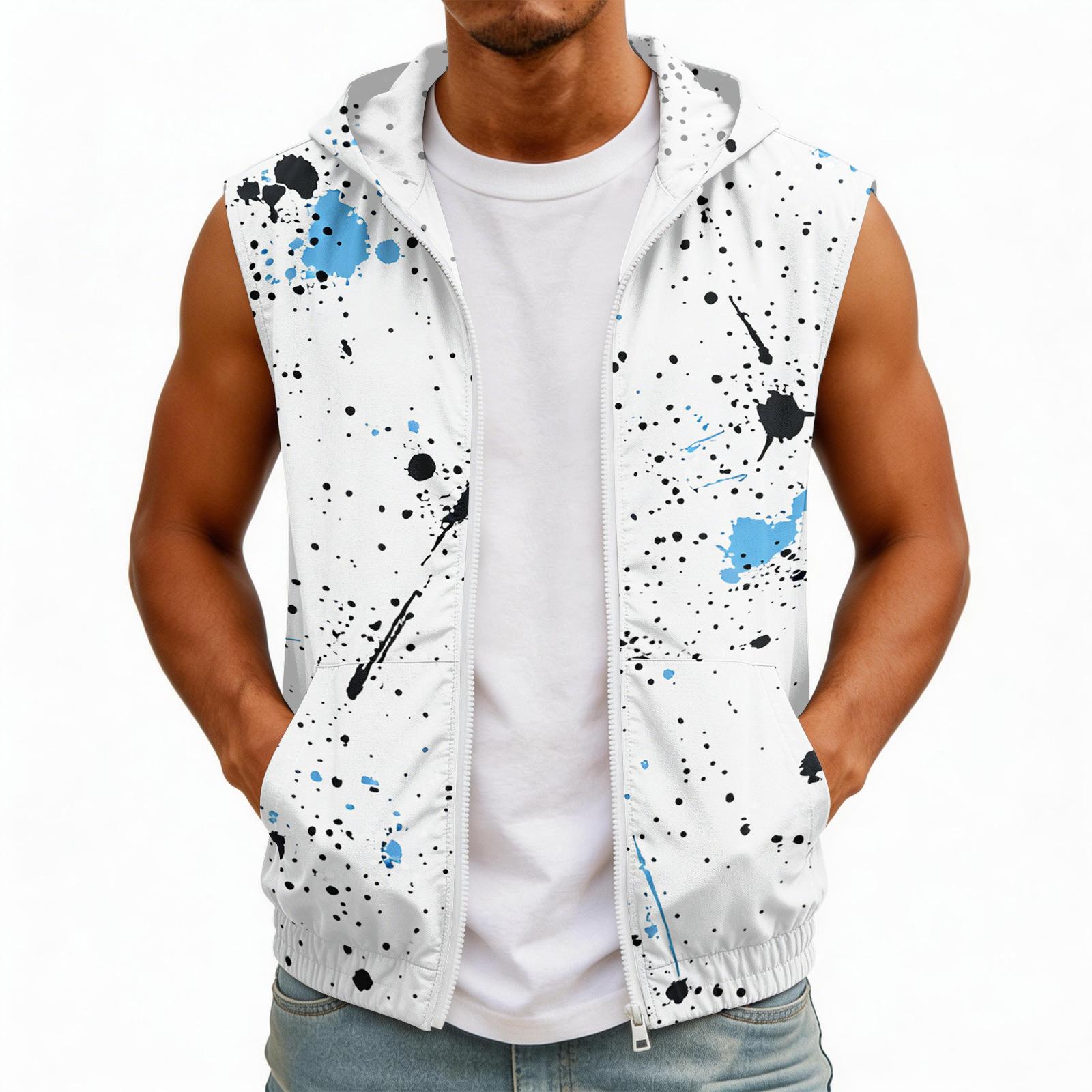 

Men s Sleeveless Hooded Sun Protection Vest Lightweight with Pockets Ink Style Print Outdoor Sportswear L белый