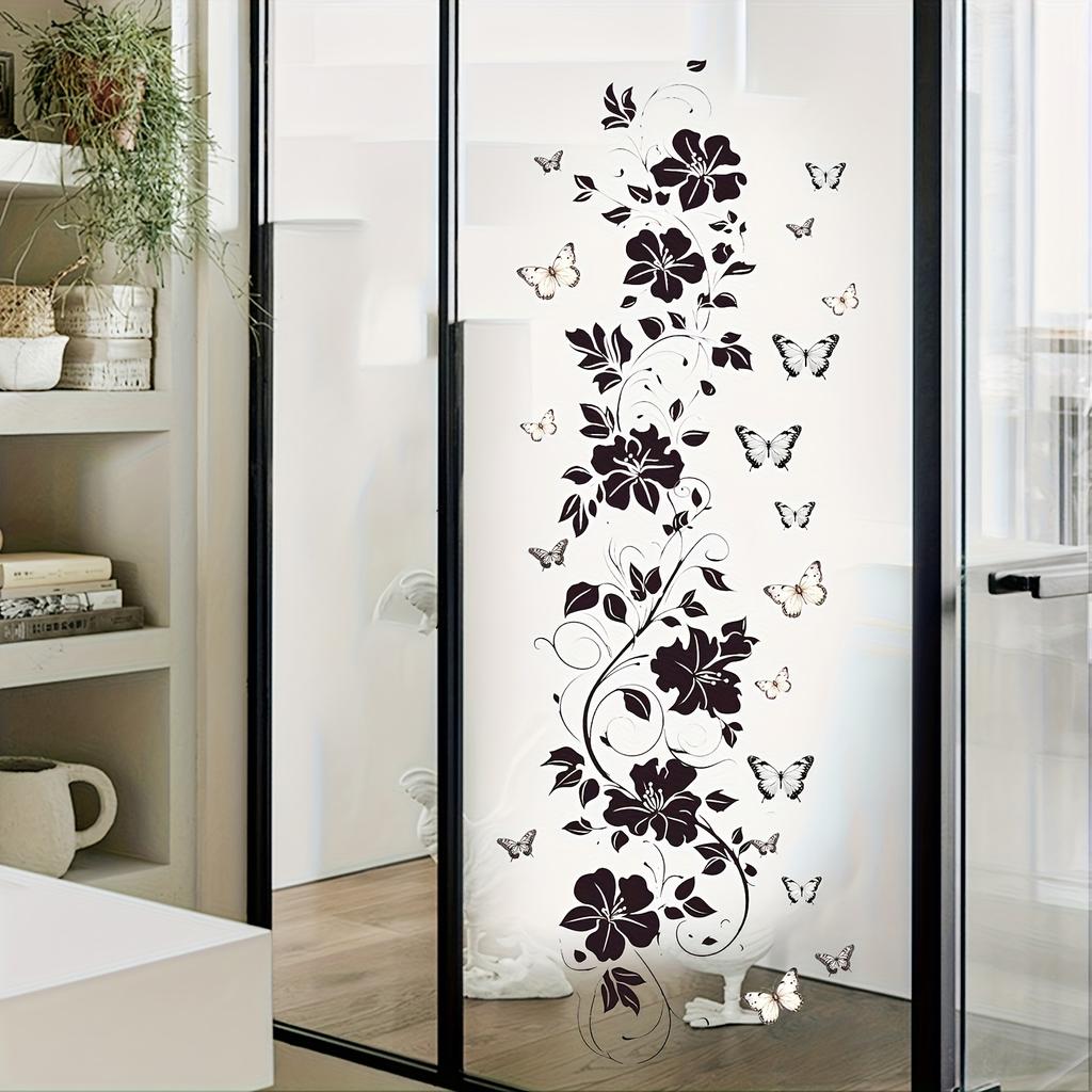 Modern Style Black Floral Vine And Butterfly Wall Sticker, for Self-Adhesive Removable Decoration on Plastic Surfaces in Bedrooms, Living Rooms