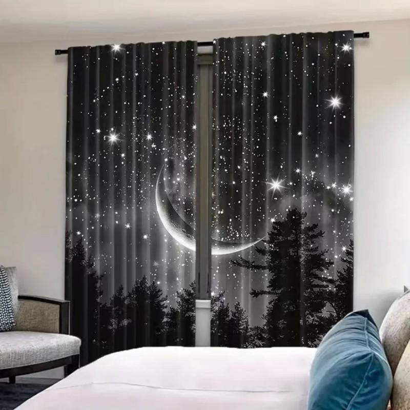 Starry Moon Forest Polyester Curtains Set Two Window Treatments Of 2 Made