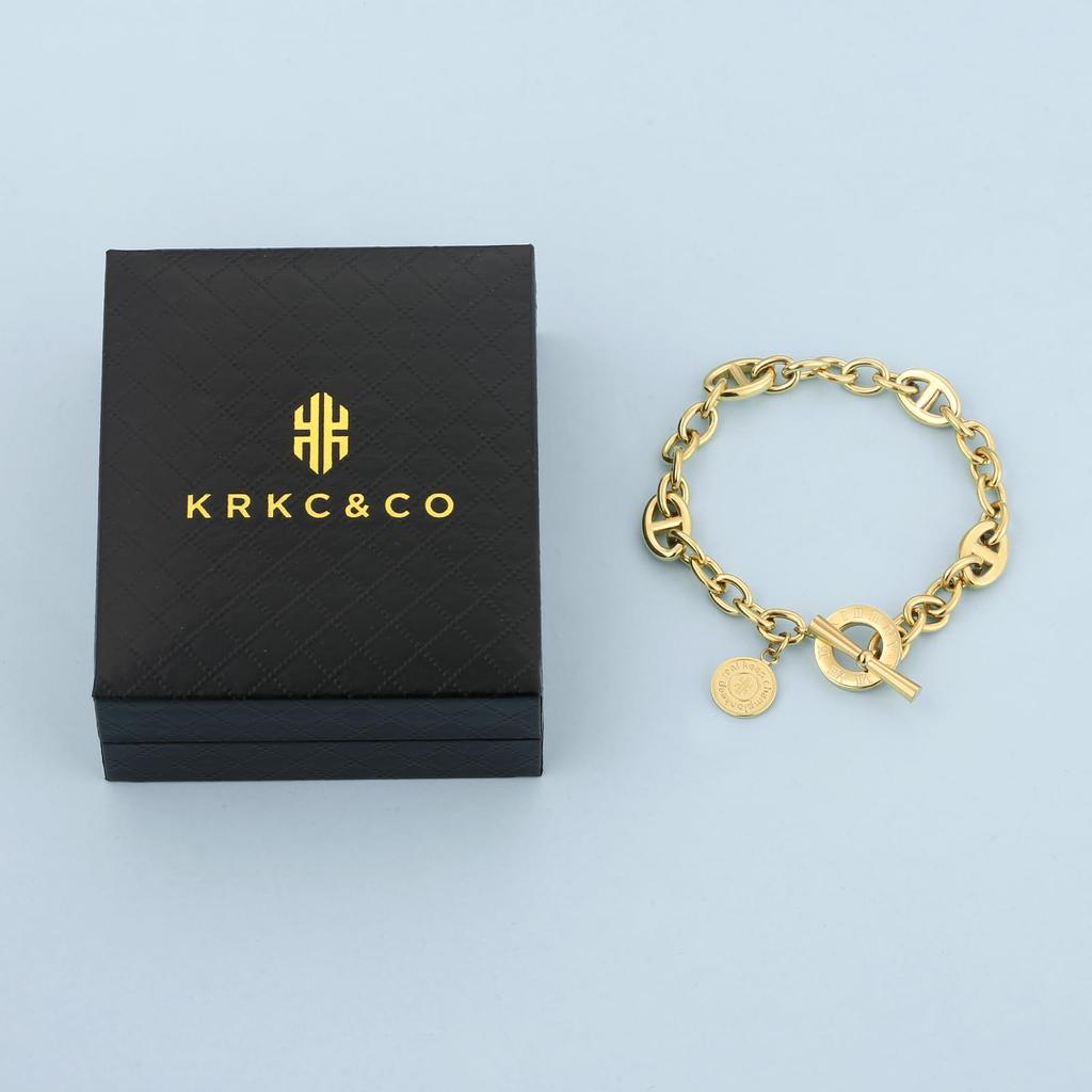 KRKC&CO Bracelet for Women, Anchor Chain/Toggle Clasp Bracelet, 8mm, Surgical Stainless Steel, 14K Gold Plated, Hypoallergenic, Unisex, Popular Access