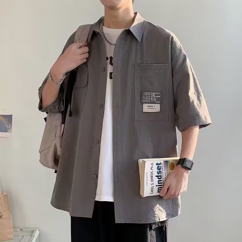 

Summer Men Short Sleeve Shirts Japanese Casual Lapel Blouses High Street Multi-pocket Oversized Shirt M темно серый