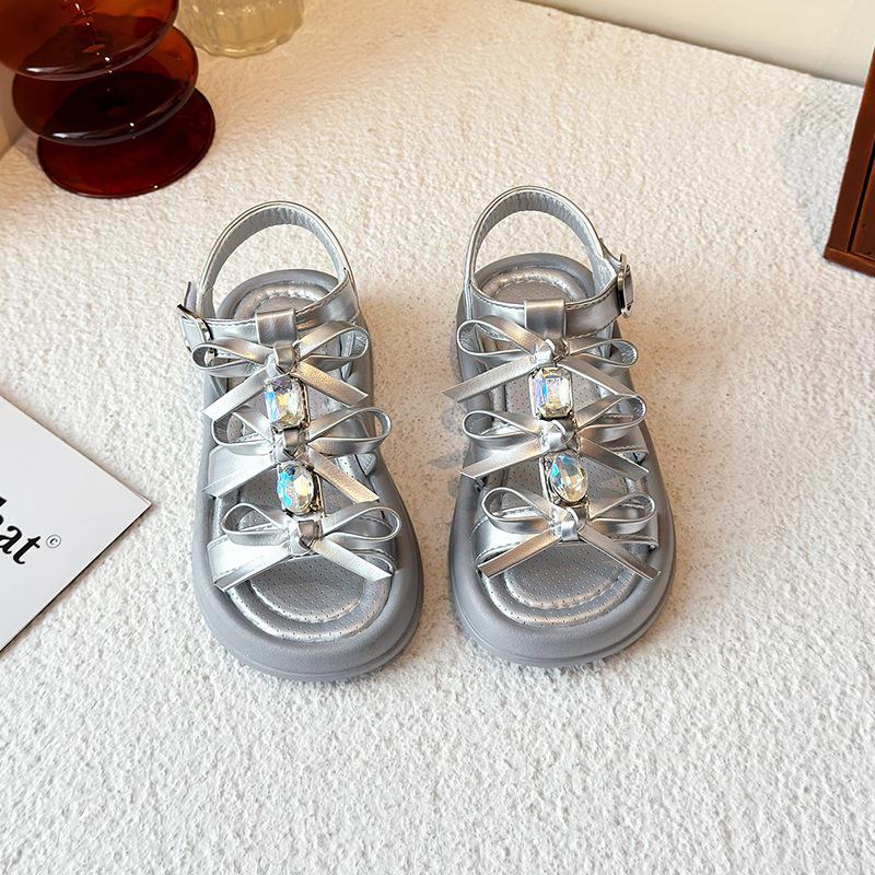 Rhinestone Princess Sandals: Non-slip, Soft-soled Bow Shoes for Girls, Perfect Summer Roman Style for Big Kids and Students.
