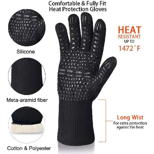 BBQ Grill Gloves, 1472°F Extreme Heat Resistant Grilling Gloves Non-Slip Oven Mitts Potholder, Perfect for Barbecue, Cooking, Baking, Fireplace,