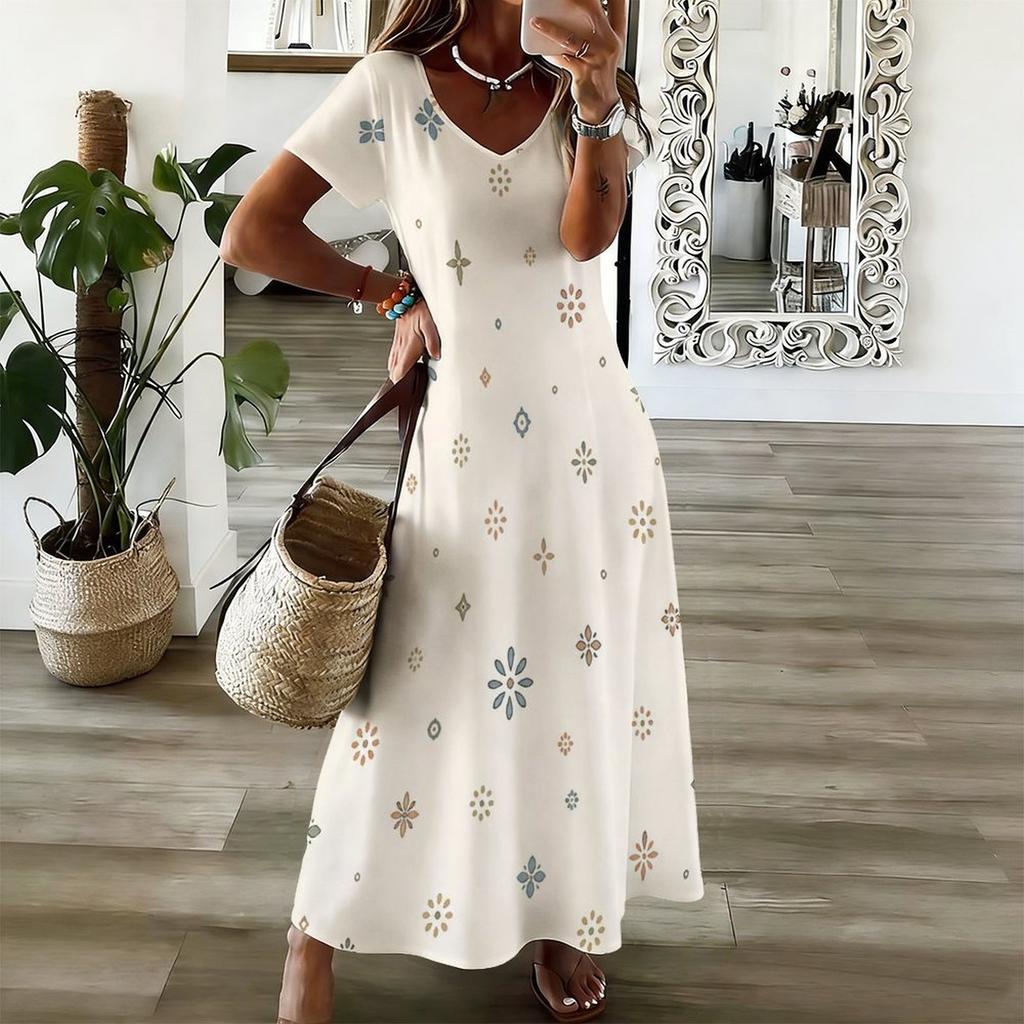 Women Plus Size V Neck Short Sleeve Geometric Printed Straight Long Dress