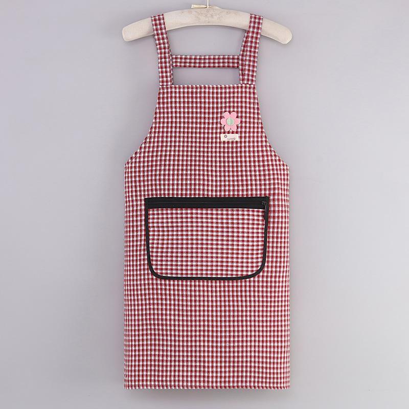 Cotton Plaid Kitchen Apron Large Storage Pocket Cute Flower Design For Home Cooking Baking Cleaning