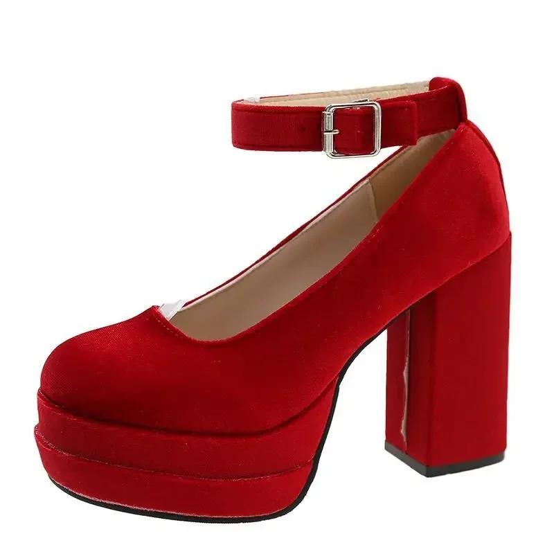 Fashion Platform Mary Janes Shoes Women Suede Luxury High Heel Lace Up Trend Lolita Shoes Elegant Chunky Party Pumps Zapatos De Mujer
