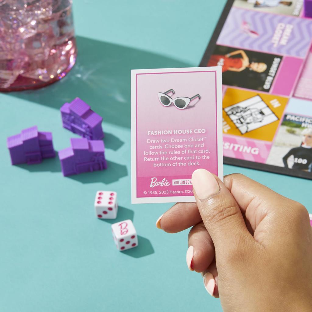 Monopoly: Barbie Edition Board Game, Ages 8+, 2-6 Players, Fun Family Game for Kids and Adults, Includes 6 Barbie-Themed Pink Zinc Tokens, Kids Gift