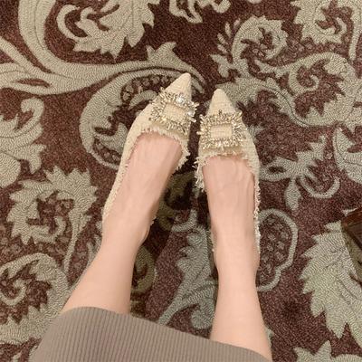 Diamond Single Shoes for Women Thick Heel Side Air Low Heel Pointed Square Buckle Small Fragrant Wind Shoes