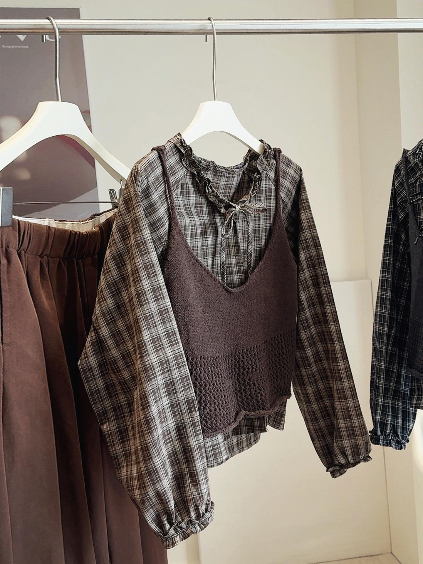 

Women s Ruffle Tie-Up Plaid Shirt & Knit Camisole Vest Set - Spring/Autumn 2025 Collection One Size