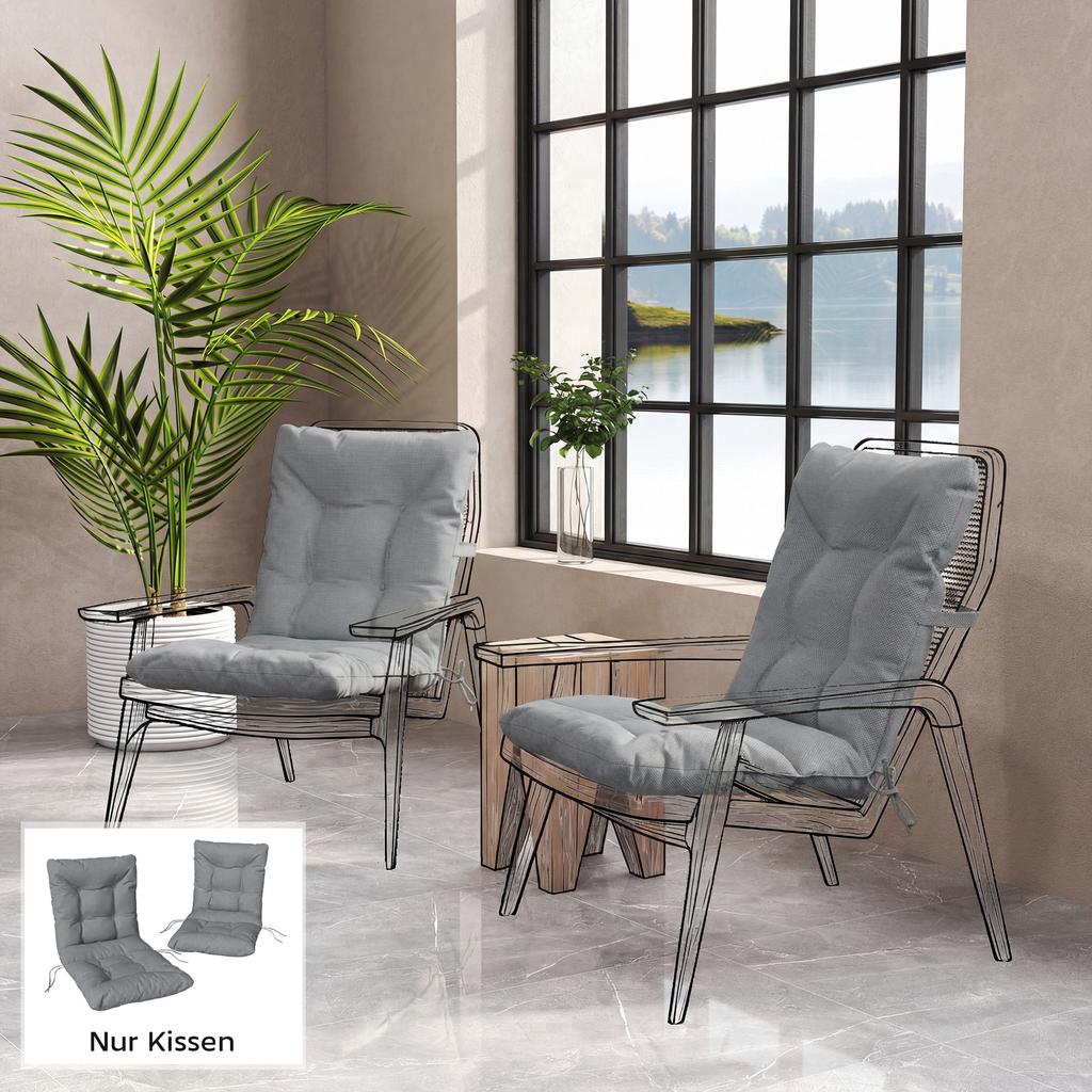 Outdoor Seat Cushion with Backrest and Ties, Water-Repellent Cushion for Indoor and Outdoor Use, Light Grey