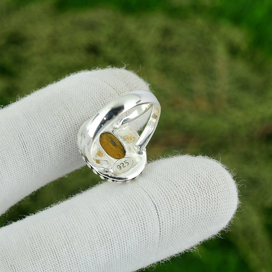 Gift For Her 925 Sterling Silver Natural Tiger Eye Gemstone Promise Ring Size 7