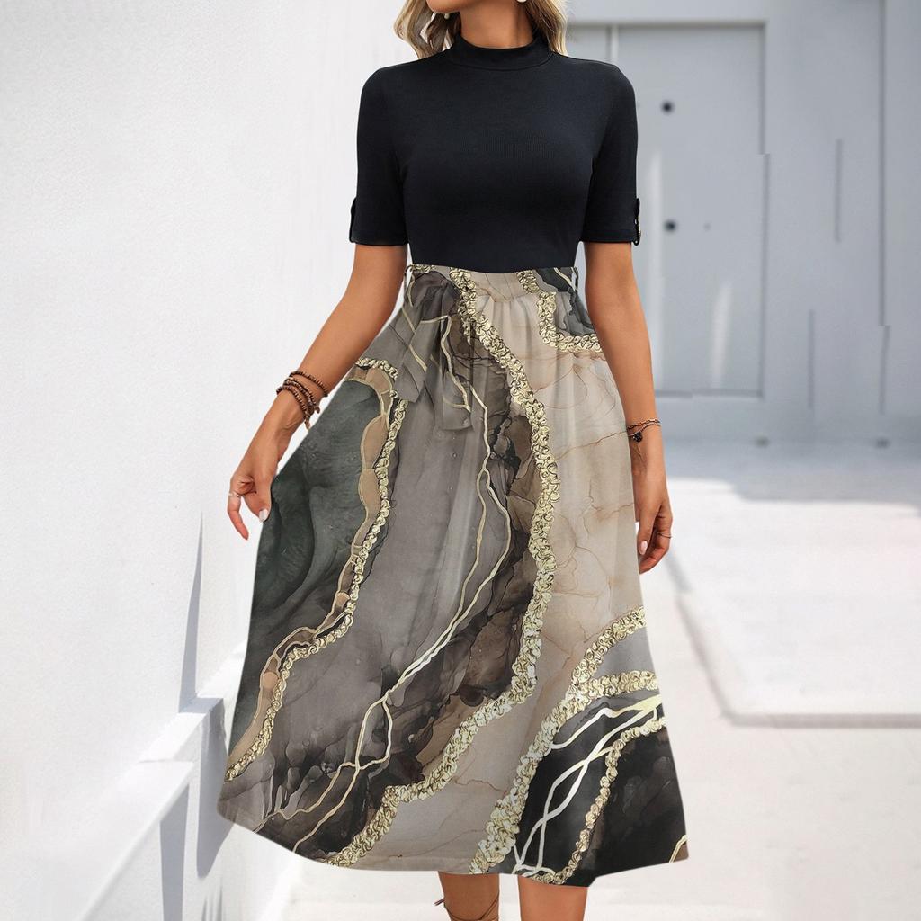 Women's Fashion Casual Belt Short Sleeve Round Neck Floral Elegant Temperament Dress