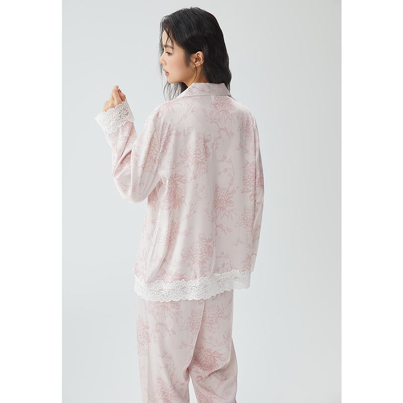 Pajamas women's spring 11 new ice silk lace big flower high-end loungewear women's summer one