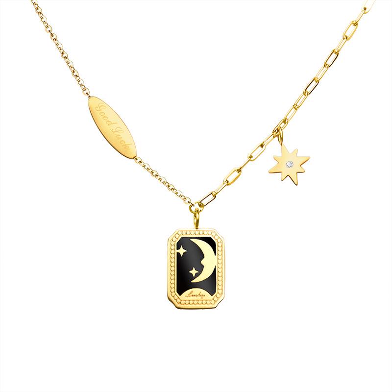 French Retro Star & Moon Square Plate Necklace, Titanium Steel, Black Gold, Non-Fading Clavicle Chain, Women's Jewelry