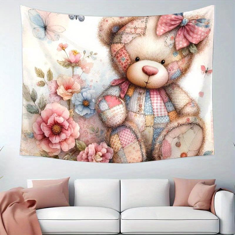 

Cute Patchwork Teddy Bear Tapestry Floral Bear with Bow Wall Hanging Aesthetic Nursery Room Decor Extra large size 74x94cm(29x37in)
