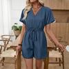 TikTok 2026 Casual V-neck Faux Denim Blue Waist-cinching Jumpsuit