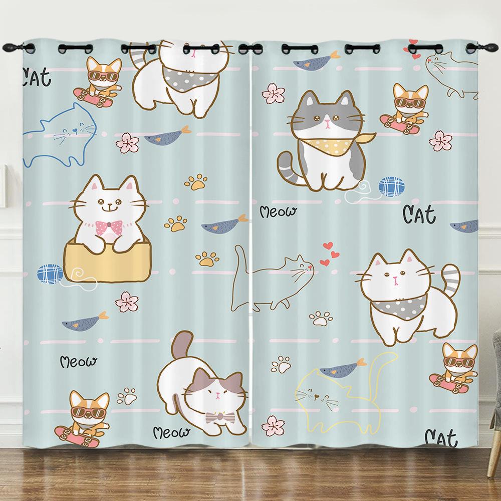Curtain Cat Cartoon 3D Digital Printing Blackout Curtain Punching