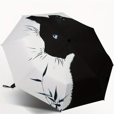 1 ombrello pieghevole con motivo a gatto bianco e nero, parasole antipioggia, protezione UV, ombrello da viaggio
