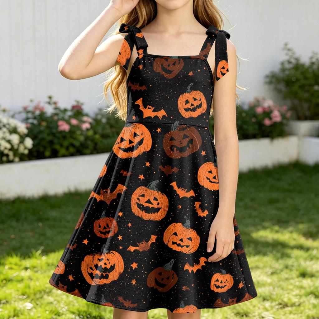 Girls Halloween Print Sleeveless Strap Dress for Party Celebrations