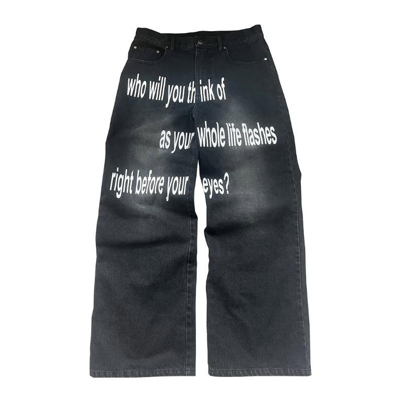 Pantalones vaqueros anchos para hombre con estampado de letras retro americano y lavado