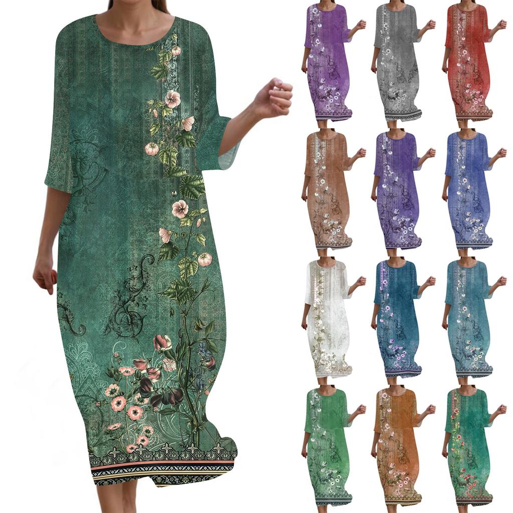 Women's Fashionable Printed Round Neck Seven Quarter Sleeve Loose Dress
